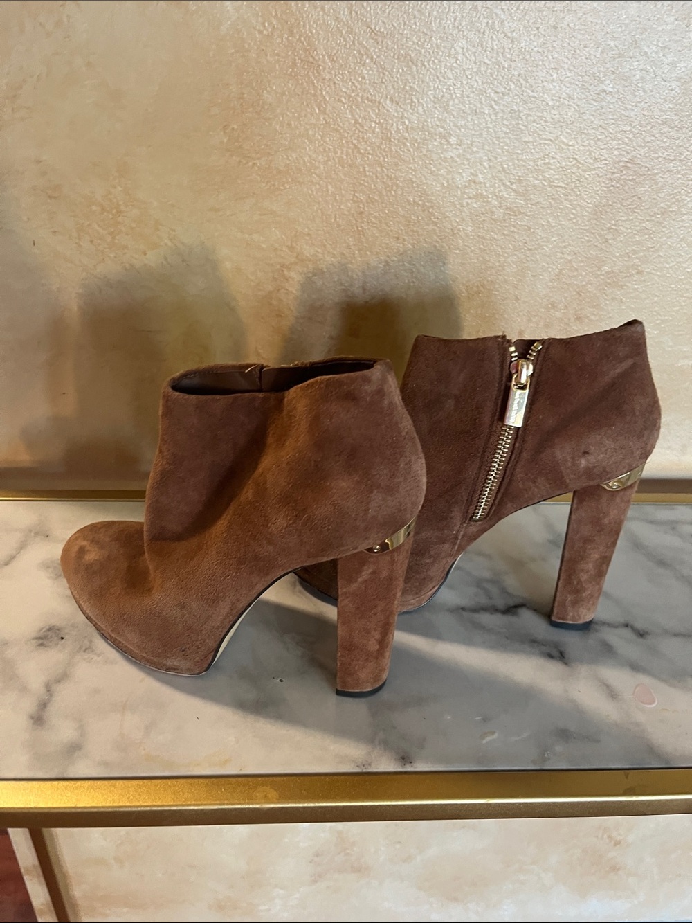 Michael Kors Brown Suede Ankle Booties with Gold Accent